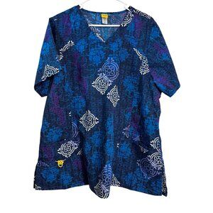 Wonderwink Plus 2X Womens V-Neck Scrub Top Blue & Purple Patterned Short Sleeve